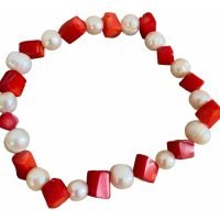 1 Pulsera De Perla Cultivada Y Coral Cubo Rojo Natural Yoga