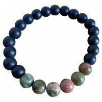1 Pulsera Piedra Unakita Natural Y Onix Negro Esfera De 8mm